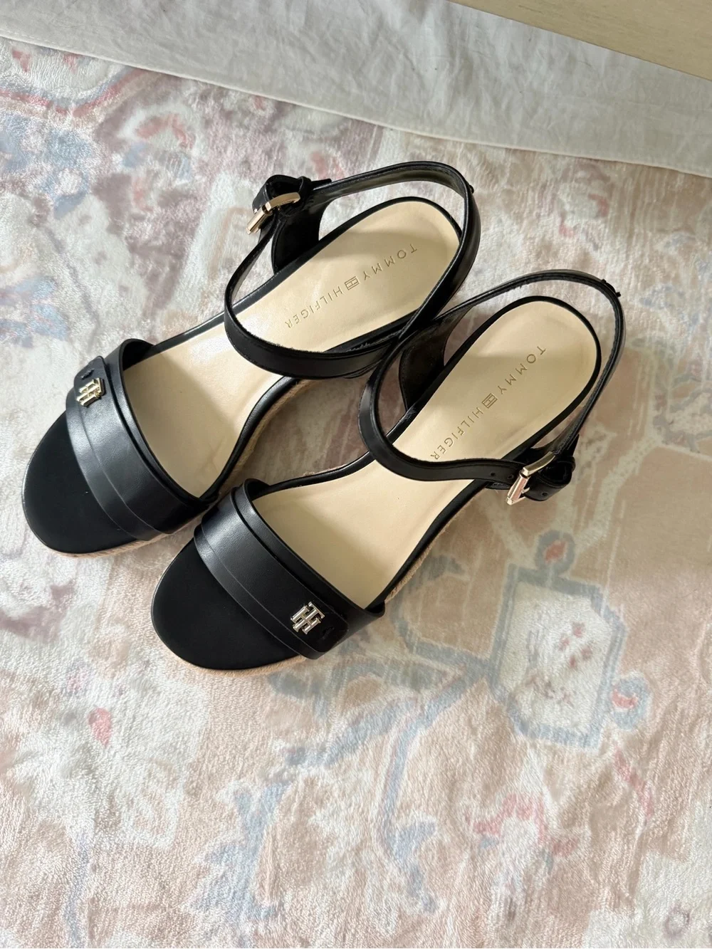 Tommy Hilfiger Black Leather Espadrille Wedge Sandals - W7